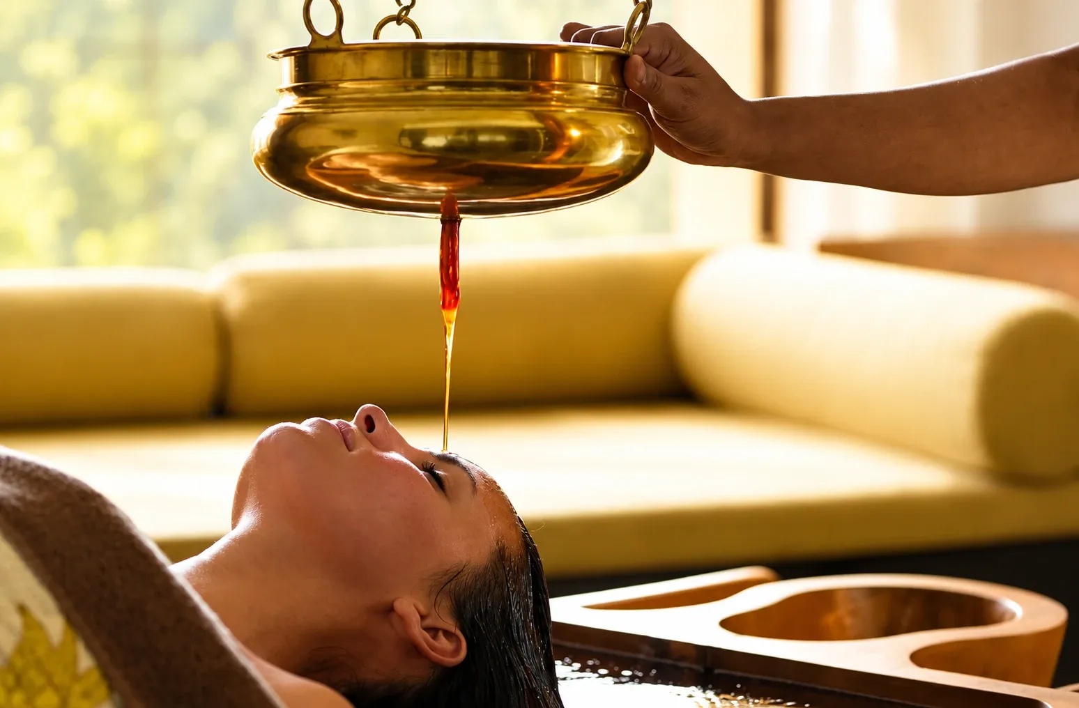 warm oil flowing in a steady stream during Shirodhara